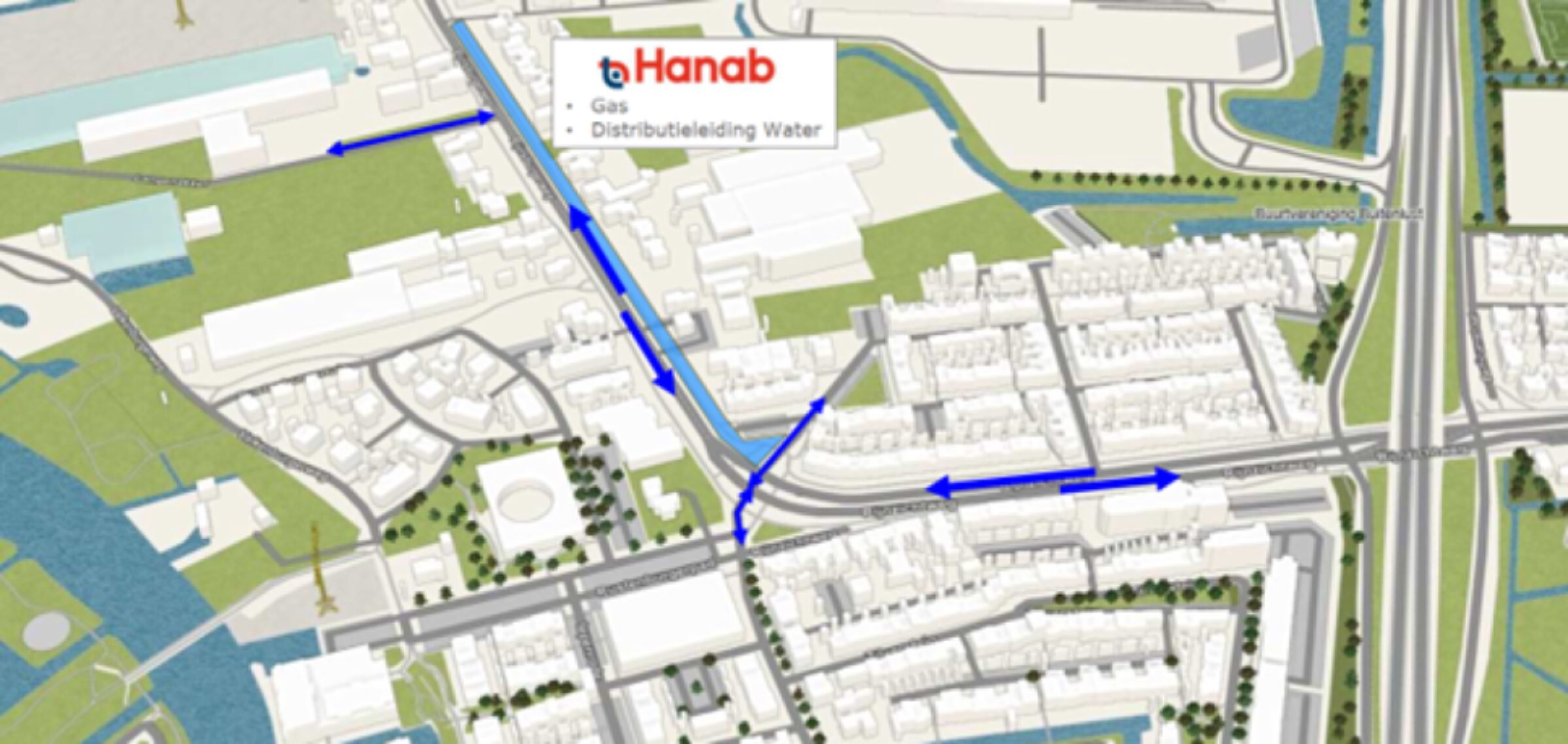 Figuur 1: Werkzaamheden van de nutspartijen in het blauwe vak. De mogelijke verkeersstromen zijn aangegeven met de blauwe pijlen.