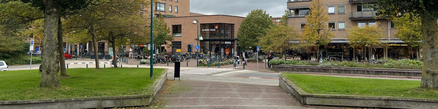 Zicht vanuit het Irispark op winkelcentrum Lange Voort